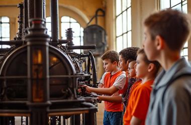 Children on a field trip engaging with an old steam engine