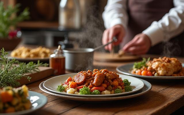 Chef preparing historical Canadian dish in a rustic kitchen setting