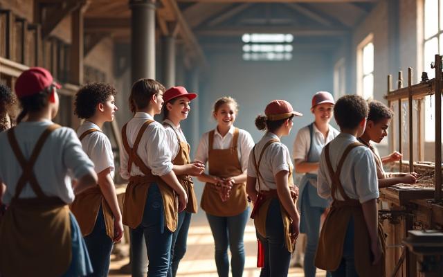 Group of students engaged in a historical role-play at a restored factory site