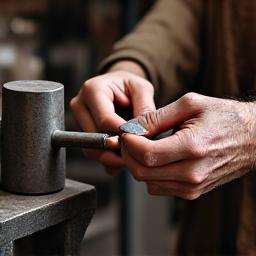 A close-up of hands-on historical crafting, perhaps forging metal or operating a vintage printing press, with an instructor guiding.
