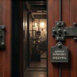 A vintage 'Authorized Personnel Only' sign on a historic factory door, partially ajar, with a glimpse of intricate machinery inside.