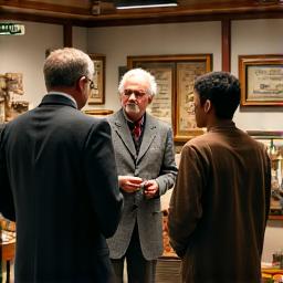 An expert historian in period-appropriate attire engaging in a lively discussion with a small group amidst an industrial artifact collection.