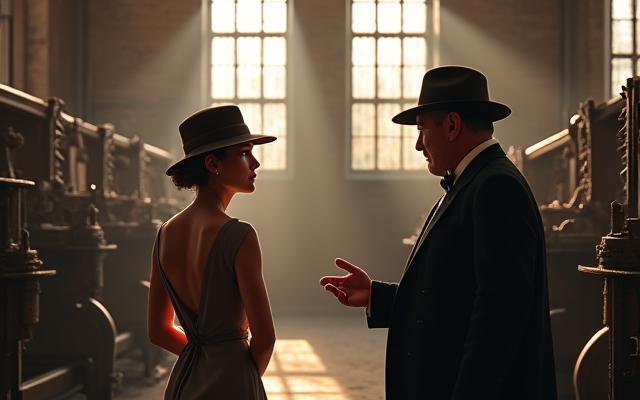 An elegantly dressed couple receiving a private guided tour inside a beautifully preserved historic industrial facility, light filtering through large arched windows, conveying exclusive access.