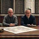 Iconic representation of a detailed consultation, perhaps two individuals discussing blueprints or historical maps.
