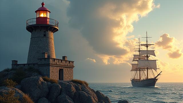 Vintage photograph of a bustling historic shipyard or lighthouse, set against a dramatic maritime sky.