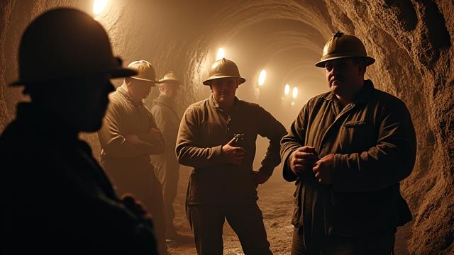 Historic photograph of miners working underground in a Canadian mine, illuminated by helmet lamps.