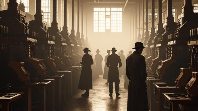 Archival image of a bustling Ontario factory floor during the Industrial Revolution, with machinery and workers.