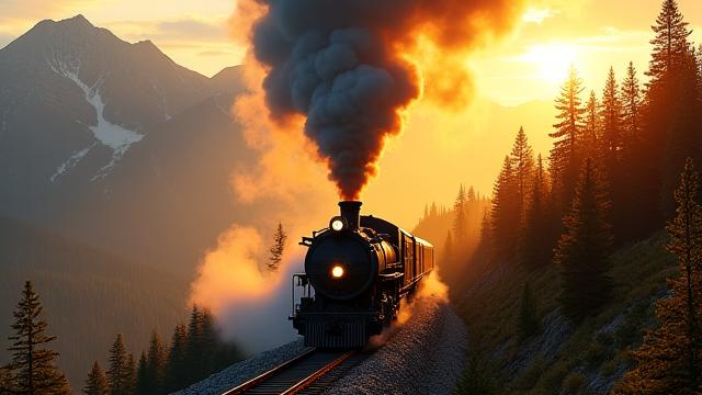 Majestic vintage steam locomotive traversing a scenic Canadian mountain pass, smoke billowing.