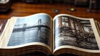 A beautifully composed photo journal spread, showing various sites from an industrial heritage tour, including a historic bridge and factory architecture.