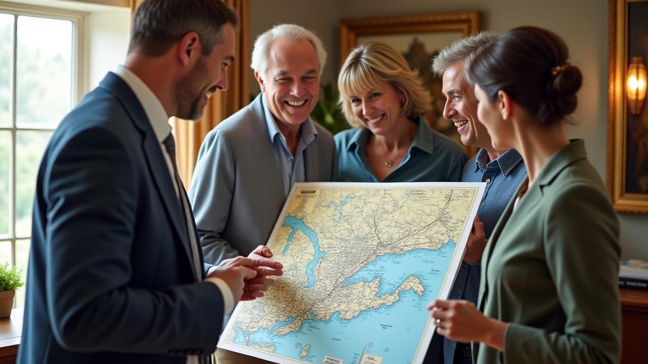 Ironwood Escapes heritage specialists consulting with clients, pointing at a map of historical sites.