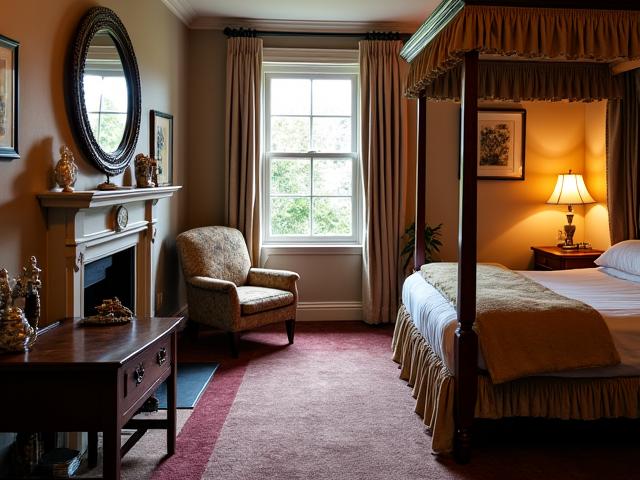 An inviting interior shot of a heritage accommodation, such as a cozy bedroom or a charming common area, subtly hinting at a historical stay, perhaps with antique decor or a view of a heritage building.