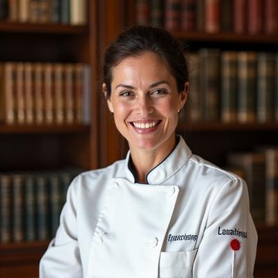 Chef Isabelle Dubois, a culinary historian, in a professional portrait, perhaps wearing a modern chef's coat but with subtle historical elements in the background, like antique kitchen tools or cookbooks, conveying expertise and passion.