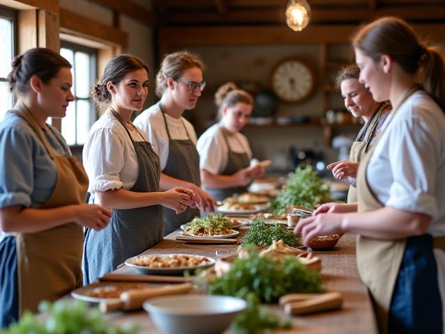 Participants in period attire actively engaged in a historical cooking class, using vintage tools and ingredients to prepare a meal in a rustic setting, with a cheerful and educational atmosphere.