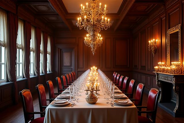 A meticulously recreated Victorian dining room, candlelit, featuring dark wood furniture, ornate wallpaper, and a laid table with period-appropriate chinaware, evoking a sense of solemn elegance.