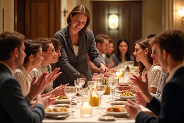 Guests dressed in period-inspired clothing at a dining table, engaged in a discussion led by a guide demonstrating historical dining etiquette, with specific gestures or table arrangements being highlighted.