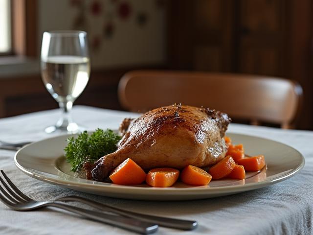 A more refined meal suitable for a factory foreman, perhaps roasted poultry with root vegetables, served on a modest ceramic plate with a clean cloth, indicating a slightly higher social standing.