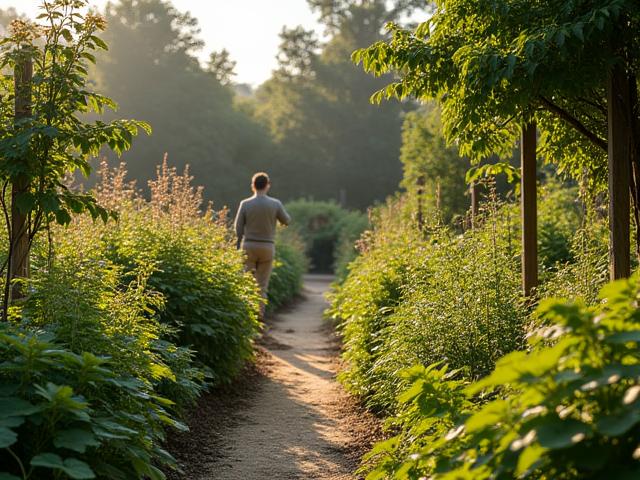 A picturesque historical garden filled with period-appropriate herbs, vegetables, and fruit trees, possibly with a knowledgeable guide pointing out specific plants used in historical Canadian cuisine.
