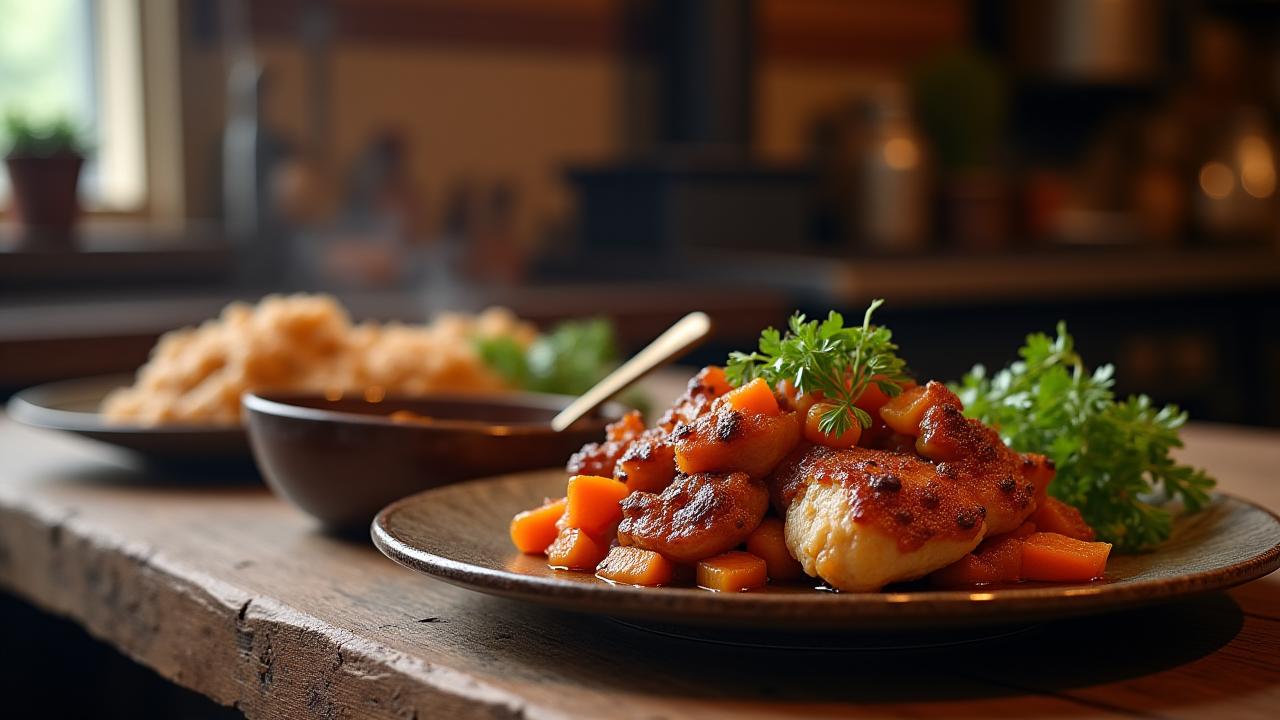 A beautifully presented, period-inspired meal, perhaps a hearty meat pie or a rich stew, served on rustic woodenware with a historically accurate backdrop of an industrial-era kitchen. The food looks delicious and inviting.