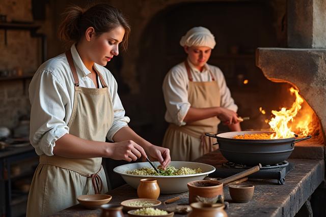 A historical kitchen, possibly a working demonstration, with chefs in period attire preparing food over an open hearth or a vintage cast-iron stove, surrounded by rustic pottery and traditional kitchen tools.