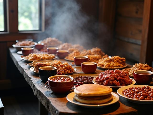 A rustic, communal spread of food in a logging camp cookhouse,
featuring large portions of simple, energy-rich foods like a pot of beans, thick-cut bacon, flapjacks, and coffee, emphasizing the rugged environment.