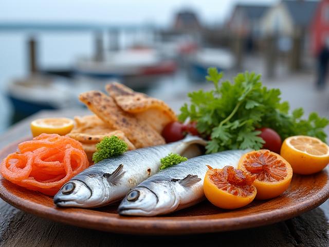 A selection of seafood-centric dishes typical of a Canadian maritime industrial community, such as freshly caught fish, shellfish, and perhaps some preserved or pickled items, displayed on a wooden table near a harbor scene.
