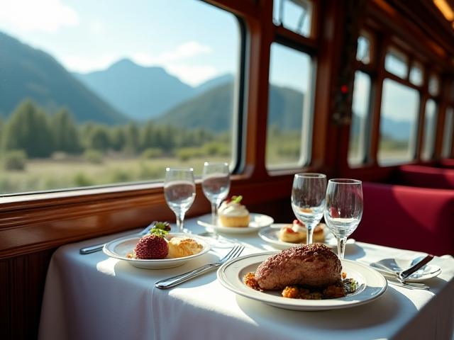 An elegant setting inside a vintage railway dining car, showcasing a multi-course meal on white tablecloths with silverware, crystal glasses, and a backdrop of scenic Canadian landscape out the window, highlighting the luxury of travel dining.