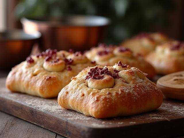 A detailed close-up of a meticulously prepared historical dish, perhaps an artisanal bread or a complex pastry, with a blurred background of period cooking utensils, emphasizing craftsmanship and authenticity.