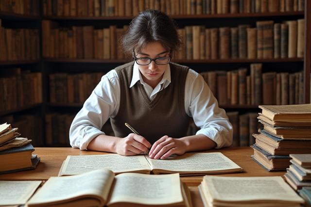 A historical food historian working in a well-lit archival setting, surrounded by old cookbooks, maps, and perhaps a magnifying glass or quill pen, conveying meticulous research.