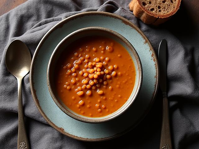 A simple but hearty plate of Victorian industrial worker's fare, perhaps a bowl of lentil soup with coarse bread, or a small portion of stew, reflecting the sustenance of the era.