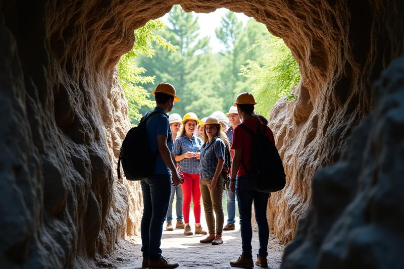 Happy group of tourists exploring an old mine shaft entrance, with natural light filtering in.