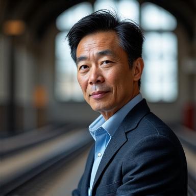 Portrait of David Chung, a thoughtful guide with a slight smile, positioned against a backdrop of train tracks and an old station.