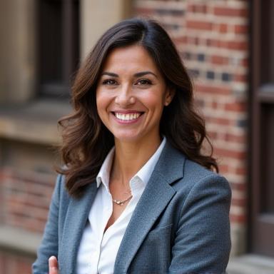 Portrait of Emily Roberts, a cheerful guide wearing smart casual attire, standing in front of a historic factory entrance.