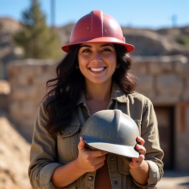 Portrait of Sophia Martinez, an enthusiastic guide with a hard hat in her hand, standing in front of a historical mining shaft entrance.