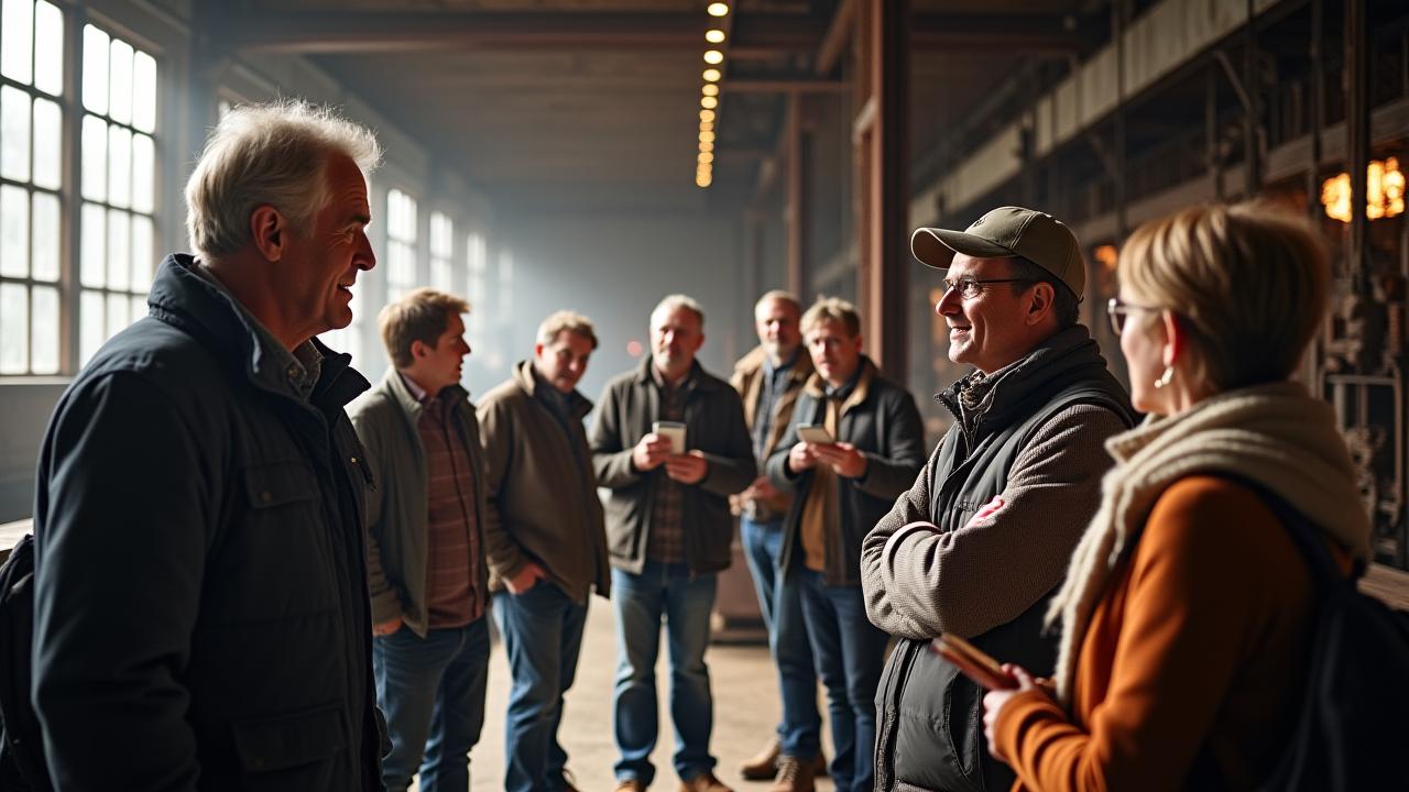 A small group of engaged participants with a guide pointing towards historical industrial machinery, bathed in a warm, natural light. Represents an immersive, expert-led historical tour.