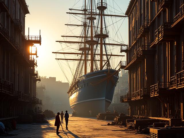 Historic wooden ship in a dry dock at a maritime industrial site, representing a marine heritage tour.