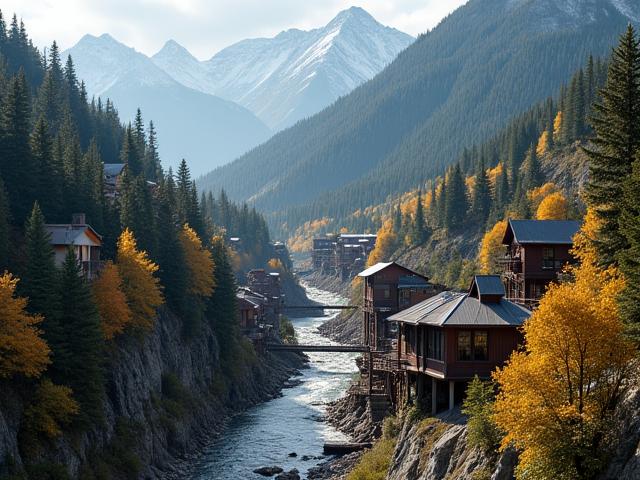 Overhead view of a historic mining town nestled in a rugged Canadian landscape, showcasing its industrial past.