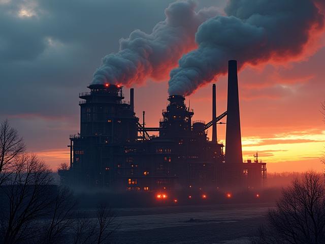 Dramatic view of industrial steel mills with smoke stacks against a twilight sky, symbolizing Ontario's steel heritage.