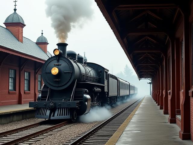 A vintage steam locomotive at a historical railway station, evoking the golden age of rail travel.