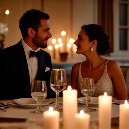 A couple enjoying a historical-themed dinner in an elegant heritage dining room.