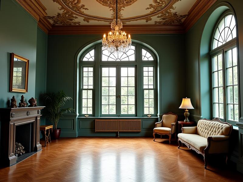 A beautifully restored historical interior of a heritage property, blending original architectural details with period-appropriate furnishings.