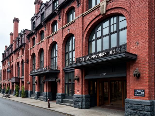 Exterior of The Ironworks Hotel, a converted 1870s factory building with large windows and brick facade.