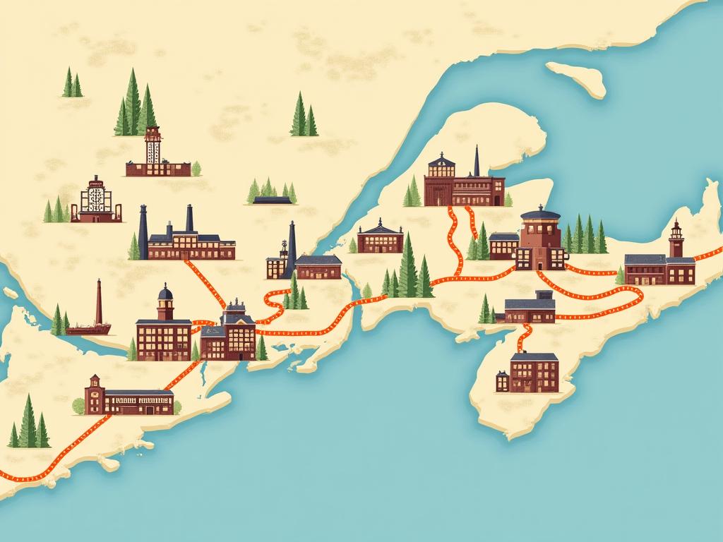 An illustrative map showing markers for several heritage accommodation properties and nearby industrial heritage sites across Ontario.
