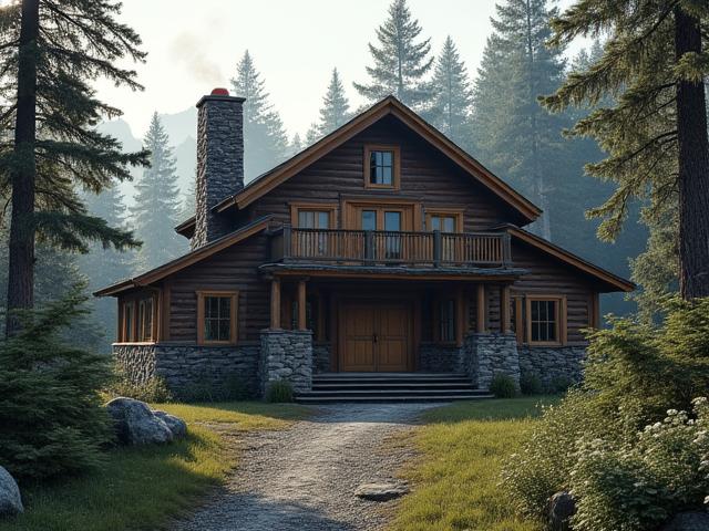 Rustic and inviting exterior of the Miner's Retreat Lodge, historical mining company housing nestled in a forested landscape.