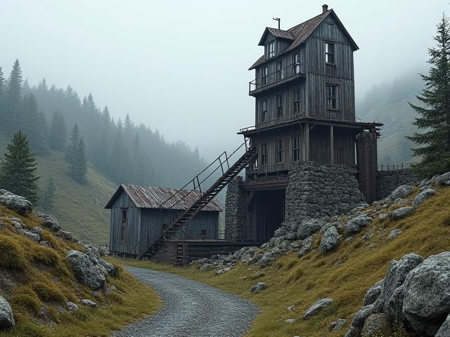 A historical mining site with an old headframe and buildings, suggesting an accompanying tour.