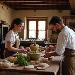 A group participating in a period-specific cooking demonstration in a historical kitchen setting.