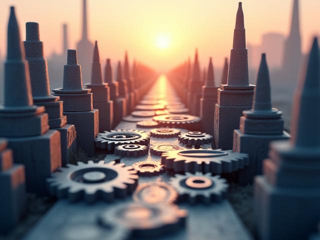 Illustration of an industrial timeline with gears and historical figures