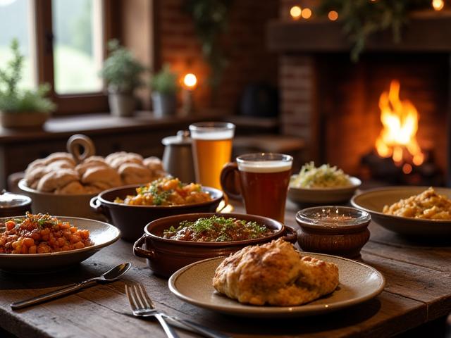 Period-inspired meal served in a rustic setting
