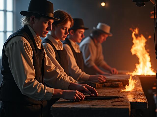 People in period costumes reenacting an industrial scene