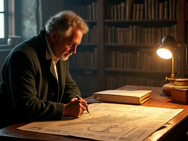 Historian examining archival documents in a dimly lit library