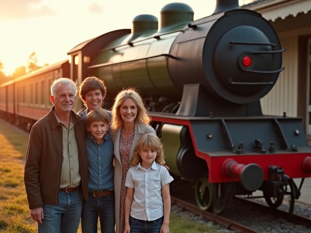 Multi-generational family standing in front of a historic train